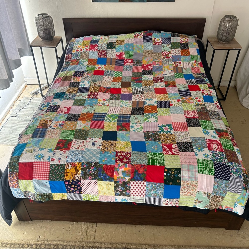Vintage Handmade “Postage Stamp” Patchwork Quilt Multicolor Bedcover#0831256